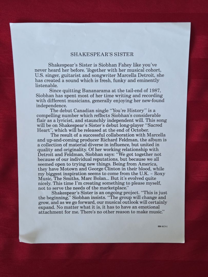 VINTAGE 1989, SHAKESPEAR'S SISTER, YOU'RE HISTORY 12" E.P.!!!
