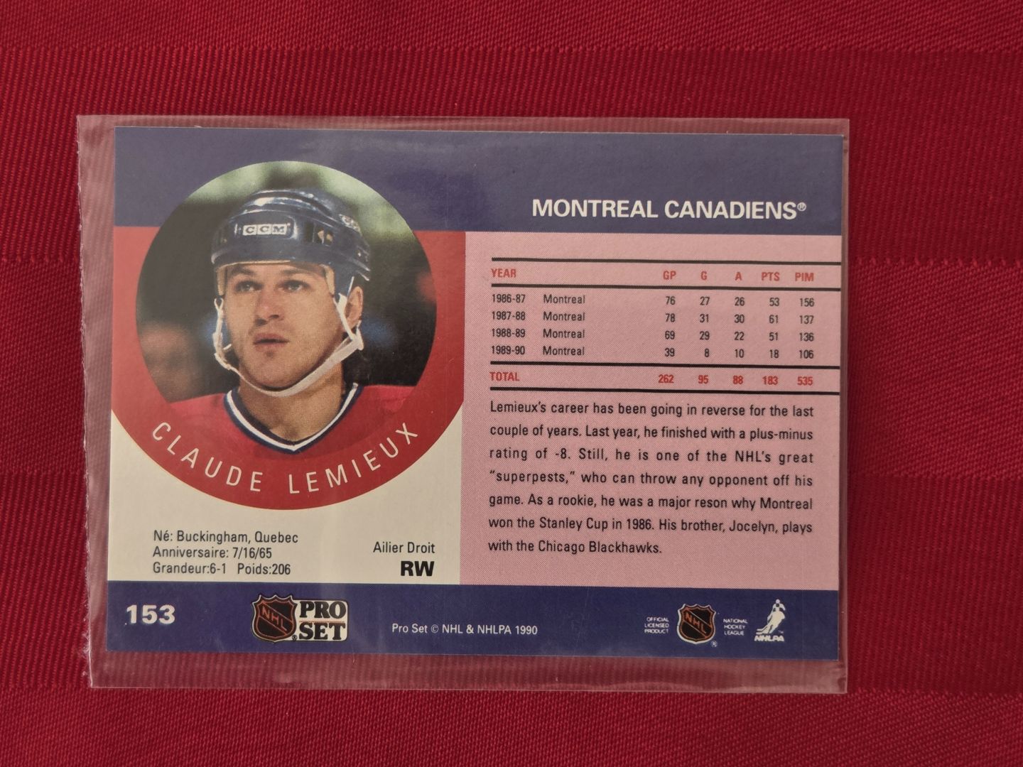 1990 NHL PRO SET, CLAUDE LEMIEUX, MONTREAL CANADIENS HOCKEY CARD, STILL SEALED!!!